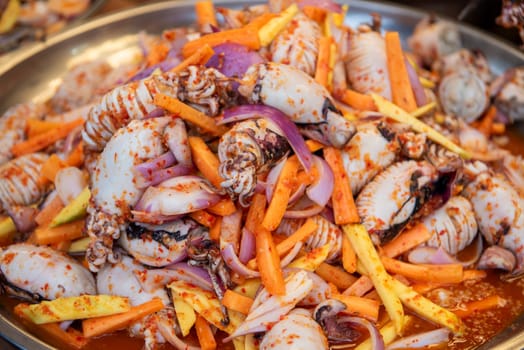 Seafood at Thai Food Market on Wat Saket Festival Fair in Bangkok in Thailand.  Thailand, Bangkok, November, 8, 2024.