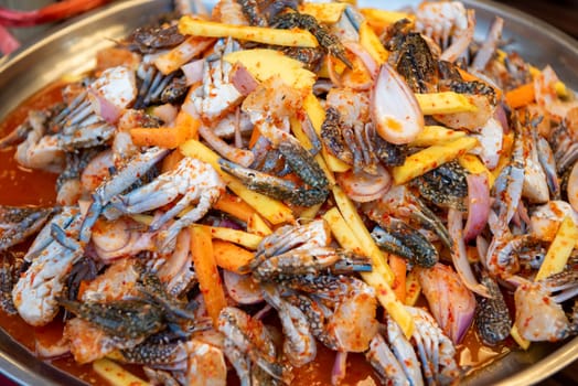 Seafood at Thai Food Market on Wat Saket Festival Fair in Bangkok in Thailand.  Thailand, Bangkok, November, 8, 2024.