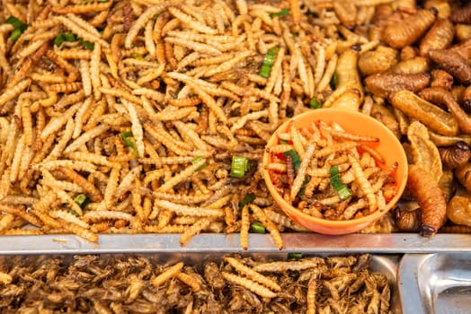 crispy Insects and worms at Thai Food Market on Wat Saket Festival Fair in Bangkok in Thailand.  Thailand, Bangkok, November, 8, 2024.