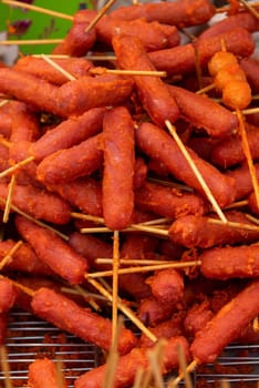 meat stick at Thai Food Market on Wat Saket Festival Fair in Bangkok in Thailand.  Thailand, Bangkok, November, 8, 2024.