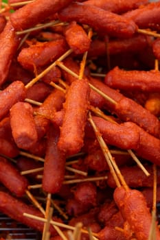 meat stick at Thai Food Market on Wat Saket Festival Fair in Bangkok in Thailand.  Thailand, Bangkok, November, 8, 2024.