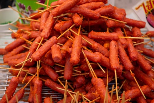 meat stick at Thai Food Market on Wat Saket Festival Fair in Bangkok in Thailand.  Thailand, Bangkok, November, 8, 2024.