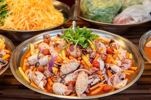 Seafood at Thai Food Market on Wat Saket Festival Fair in Bangkok in Thailand.  Thailand, Bangkok, November, 8, 2024.