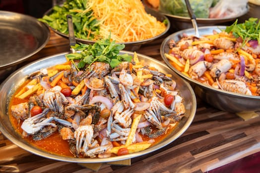 Seafood at Thai Food Market on Wat Saket Festival Fair in Bangkok in Thailand.  Thailand, Bangkok, November, 8, 2024.