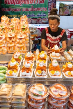 Thai sweets at Thai Food Market on Wat Saket Festival Fair in Bangkok in Thailand.  Thailand, Bangkok, November, 8, 2024.