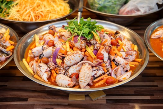 Seafood at Thai Food Market on Wat Saket Festival Fair in Bangkok in Thailand.  Thailand, Bangkok, November, 8, 2024.