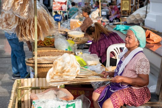fresh Flatbread at Thai Food Market on Wat Saket Festival Fair in Bangkok in Thailand.  Thailand, Bangkok, November, 8, 2024.