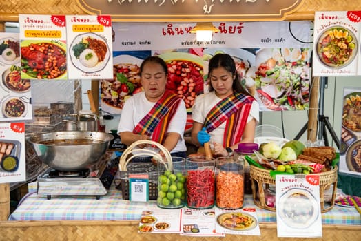 Spicy Food at Thai Food Market on Wat Saket Festival Fair in Bangkok in Thailand.  Thailand, Bangkok, November, 8, 2024.