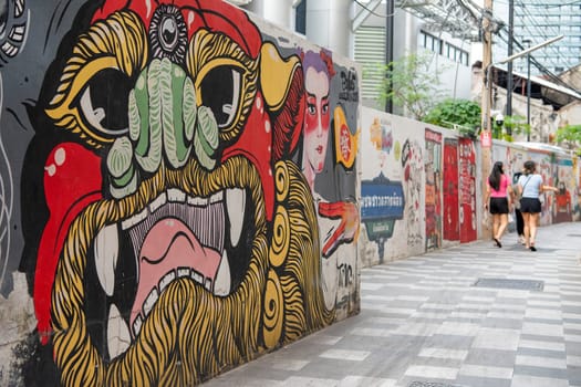 Street art and Paintings on a alley in Talat Noi at China Town in City of Bangkok in Thailand.  Thailand, Bangkok, November, 5, 2024.