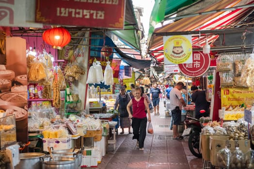 Food Market street with shops in the China Town with skyline in the City of Bangkok in Thailand.  Thailand, Bangkok, November, 5, 2024.