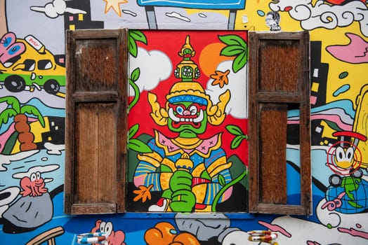 Street art and Paintings on a alley in Talat Noi at China Town in City of Bangkok in Thailand.  Thailand, Bangkok, November, 5, 2024.