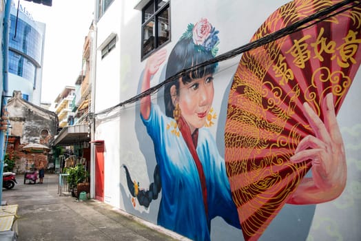 Street art and Paintings on a alley in Talat Noi at China Town in City of Bangkok in Thailand.  Thailand, Bangkok, November, 5, 2024.