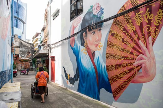 Street art and Paintings on a alley in Talat Noi at China Town in City of Bangkok in Thailand.  Thailand, Bangkok, November, 5, 2024.