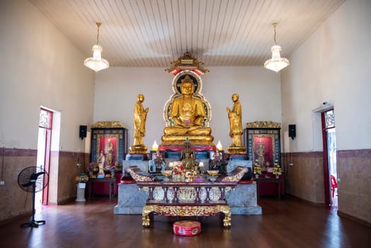 Inside the Wat Kuson Samakhon in China Town in City of Bangkok in Thailand.  Thailand, Bangkok, November, 5, 2024.