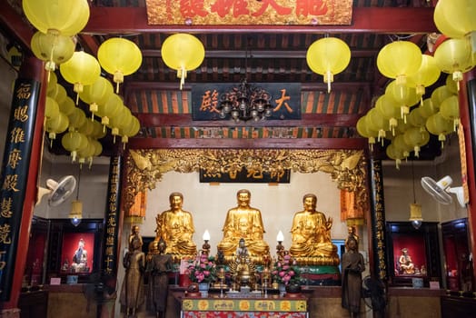 Inside the Wat Mangkon Kamalawat in China Town in City of Bangkok in Thailand.  Thailand, Bangkok, November, 5, 2024.