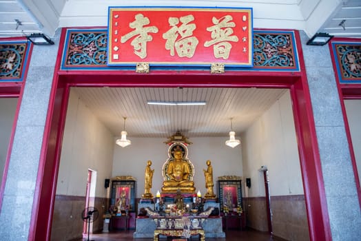 Inside the Wat Kuson Samakhon in China Town in City of Bangkok in Thailand.  Thailand, Bangkok, November, 5, 2024.