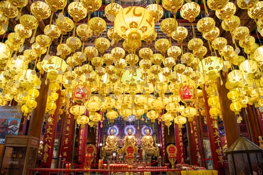 Inside the Wat Mangkon Kamalawat in China Town in City of Bangkok in Thailand.  Thailand, Bangkok, November, 5, 2024.