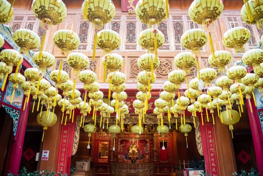 Inside the Wat Mangkon Kamalawat in China Town in City of Bangkok in Thailand.  Thailand, Bangkok, November, 5, 2024.