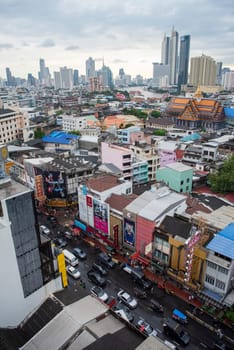 a view on Yaowarat Road in China Town with skyline in City of Bangkok in Thailand.  Thailand, Bangkok, November, 5, 2024.
