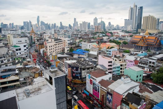 a view on Yaowarat Road in China Town with skyline in City of Bangkok in Thailand.  Thailand, Bangkok, November, 5, 2024.