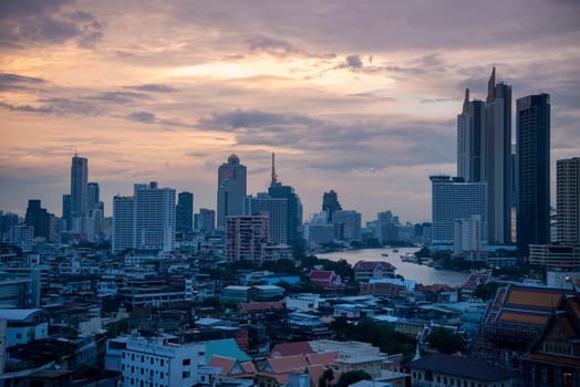 The skyline with Chao Phriya River in the City of Bangkok in Thailand.  Thailand, Bangkok, November, 5, 2024.
