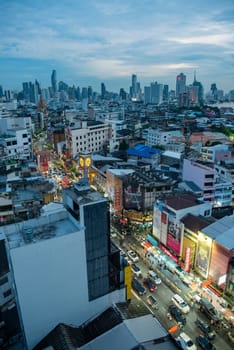 a view on Yaowarat Road in China Town with skyline in City of Bangkok in Thailand.  Thailand, Bangkok, November, 5, 2024.