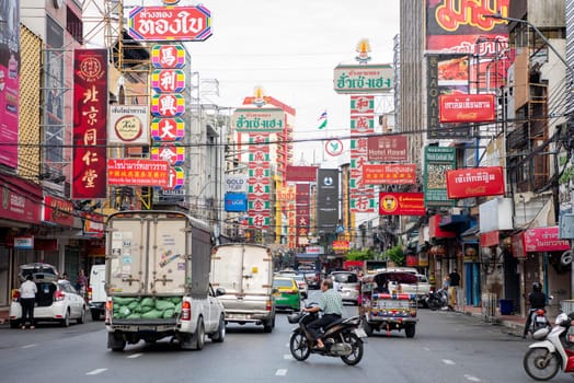 Traffic on the Yaowarat Road in Chinatown in City of Bangkok in Thailand.  Thailand, Bangkok, November, 6, 2024.