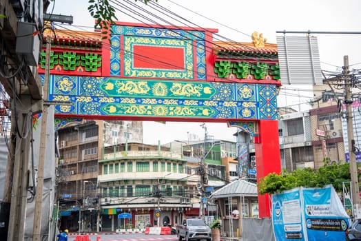 The New Chinese Gate in Chinatown in the City of Bangkok in Thailand.  Thailand, Bangkok, November, 6, 2024.