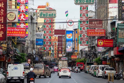 Traffic on the Yaowarat Road in Chinatown in City of Bangkok in Thailand.  Thailand, Bangkok, November, 6, 2024.