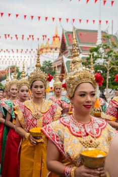 Traditional Thai Women at Opening Ceremony at Wat Saket Festival Fair in Bangkok in Thailand.  Thailand, Bangkok, November, 8, 2024.