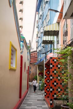  a small alley in Talat Noi at China Town in City of Bangkok in Thailand.  Thailand, Bangkok, November, 6, 2024.