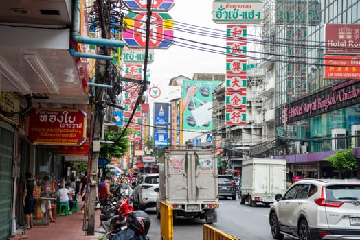 Traffic on the Yaowarat Road in Chinatown in City of Bangkok in Thailand.  Thailand, Bangkok, November, 6, 2024.