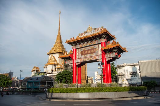 The Chinese Gate at Wat Traimit in Chinatown in the City of Bangkok in Thailand.  Thailand, Bangkok, November, 6, 2024.