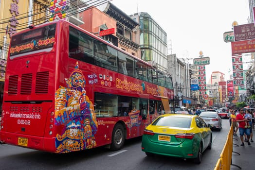 Traffic on the Yaowarat Road in Chinatown in City of Bangkok in Thailand.  Thailand, Bangkok, November, 6, 2024.