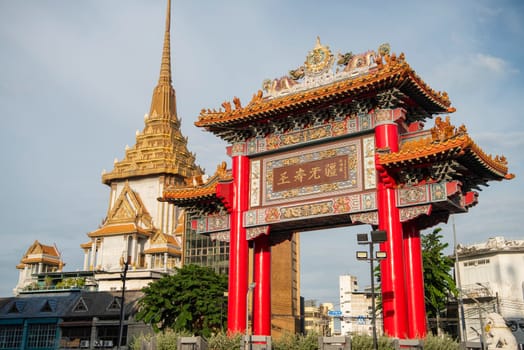 The Chinese Gate at Wat Traimit in Chinatown in the City of Bangkok in Thailand.  Thailand, Bangkok, November, 6, 2024.