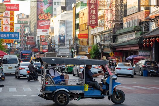 Traffic on the Yaowarat Road in Chinatown in City of Bangkok in Thailand.  Thailand, Bangkok, November, 6, 2024.