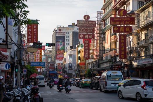 Traffic on the Yaowarat Road in Chinatown in City of Bangkok in Thailand.  Thailand, Bangkok, November, 6, 2024.