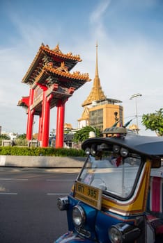The Chinese Gate at Wat Traimit in Chinatown in the City of Bangkok in Thailand.  Thailand, Bangkok, November, 6, 2024.