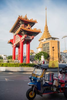 The Chinese Gate at Wat Traimit in Chinatown in the City of Bangkok in Thailand.  Thailand, Bangkok, November, 6, 2024.