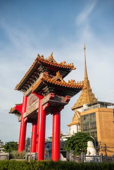 The Chinese Gate at Wat Traimit in Chinatown in the City of Bangkok in Thailand.  Thailand, Bangkok, November, 6, 2024.