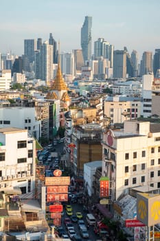 a view on Yaowarat Road in China Town with skyline in City of Bangkok in Thailand.  Thailand, Bangkok, November, 6, 2024.