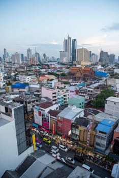 a view on Yaowarat Road in China Town with skyline in City of Bangkok in Thailand.  Thailand, Bangkok, November, 6, 2024.