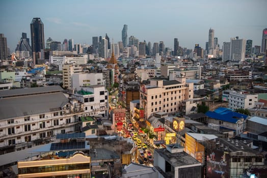 a view on Yaowarat Road in China Town with skyline in City of Bangkok in Thailand.  Thailand, Bangkok, November, 6, 2024.