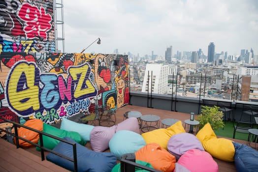 a Roof Top Bar in China Town with skyline in the City of Bangkok in Thailand.  Thailand, Bangkok, November, 7, 2024.