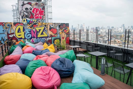 a Roof Top Bar in China Town with skyline in the City of Bangkok in Thailand.  Thailand, Bangkok, November, 7, 2024.