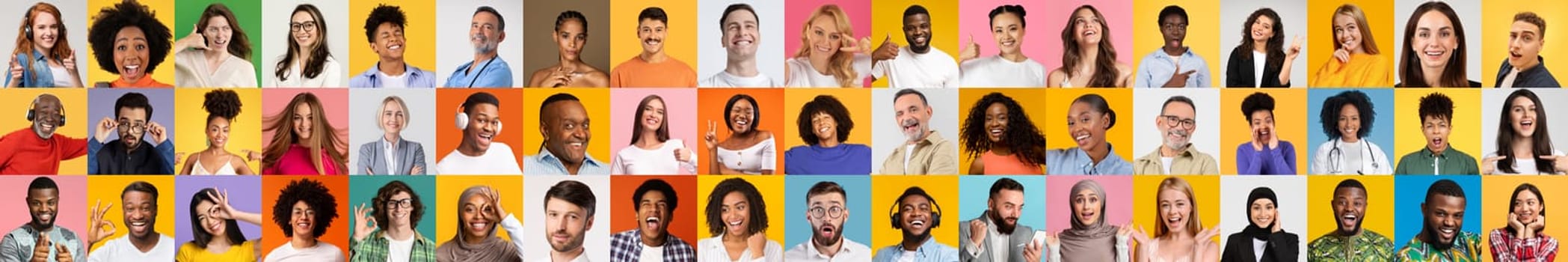 A vibrant collection features a range of faces, highlighting the beauty of diversity. Individuals from various backgrounds express joy and connection against bright, colorful backgrounds.