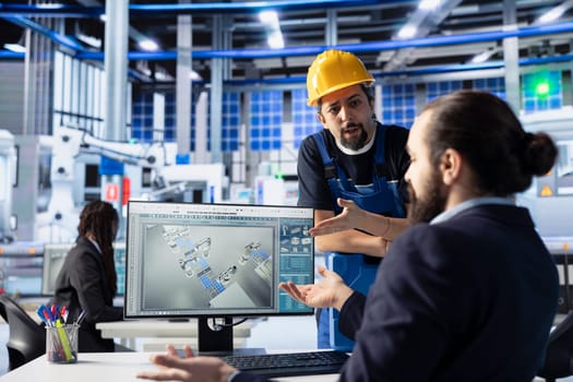 Photovoltaics factory team arguing during brainstorming, trying to improve solar panels assembly processes. Coworkers having dispute on how to calibrate equipment for precise solar cells manufacturing