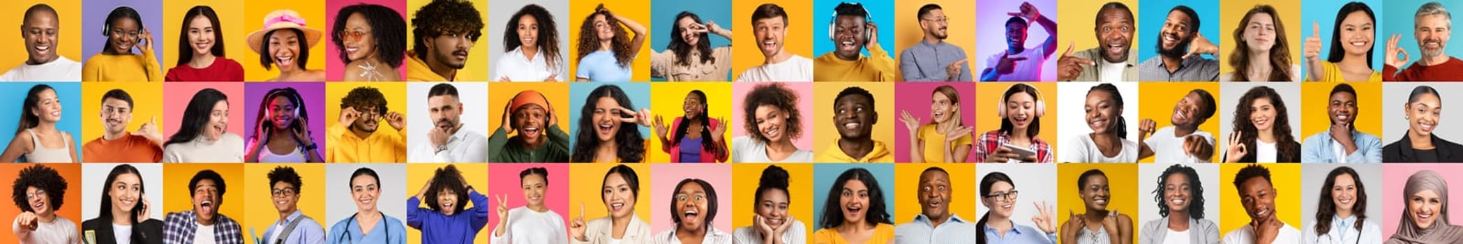 This collage features a variety of joyful people from diverse backgrounds, all showcasing their unique expressions against bright, colorful backgrounds. It highlights the beauty of diversity.