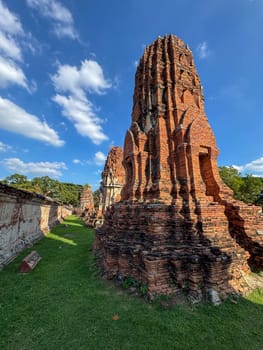 Historical sight of a Buddhist temple stands in serene silence in Thailand, showcasing traditional sacred architecture and cultural heritage. Wat Maha That offers a spiritual retreat.