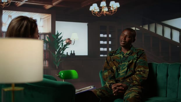 Military personnel sharing feelings about combat flashbacks during therapy, joining a rehabilitation program for armed forces troopers. Soldier opening up about PTSD and shell shock. Camera B.